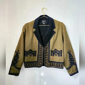 VINTAGE CHAQUETA Guatemala 100% Wool Olive Green Bolero Jacket w/ Embroidery